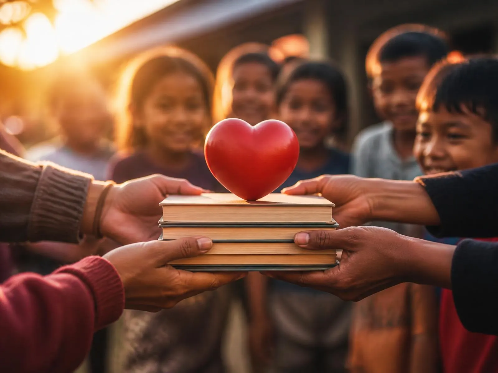 Volunteers handing books to schoolchildren supported by FCO donations