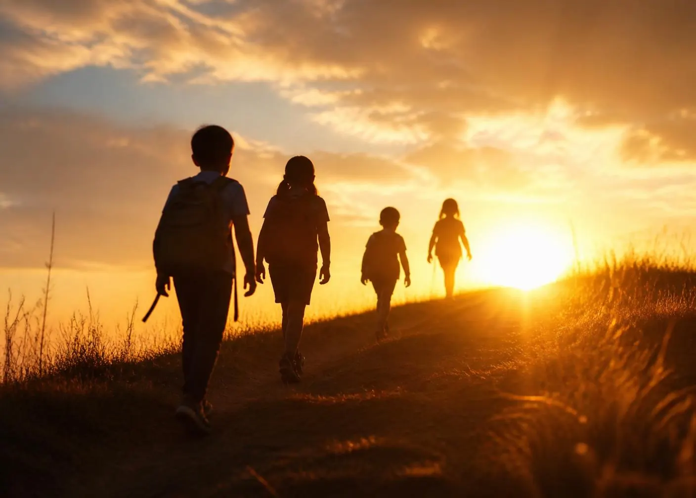 School children with backpacks walking toward a sunrise