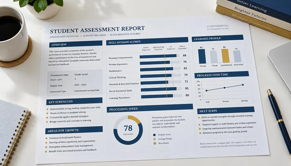 Illustrative sample student report with skill-domain charts and a separate processing speed indicator