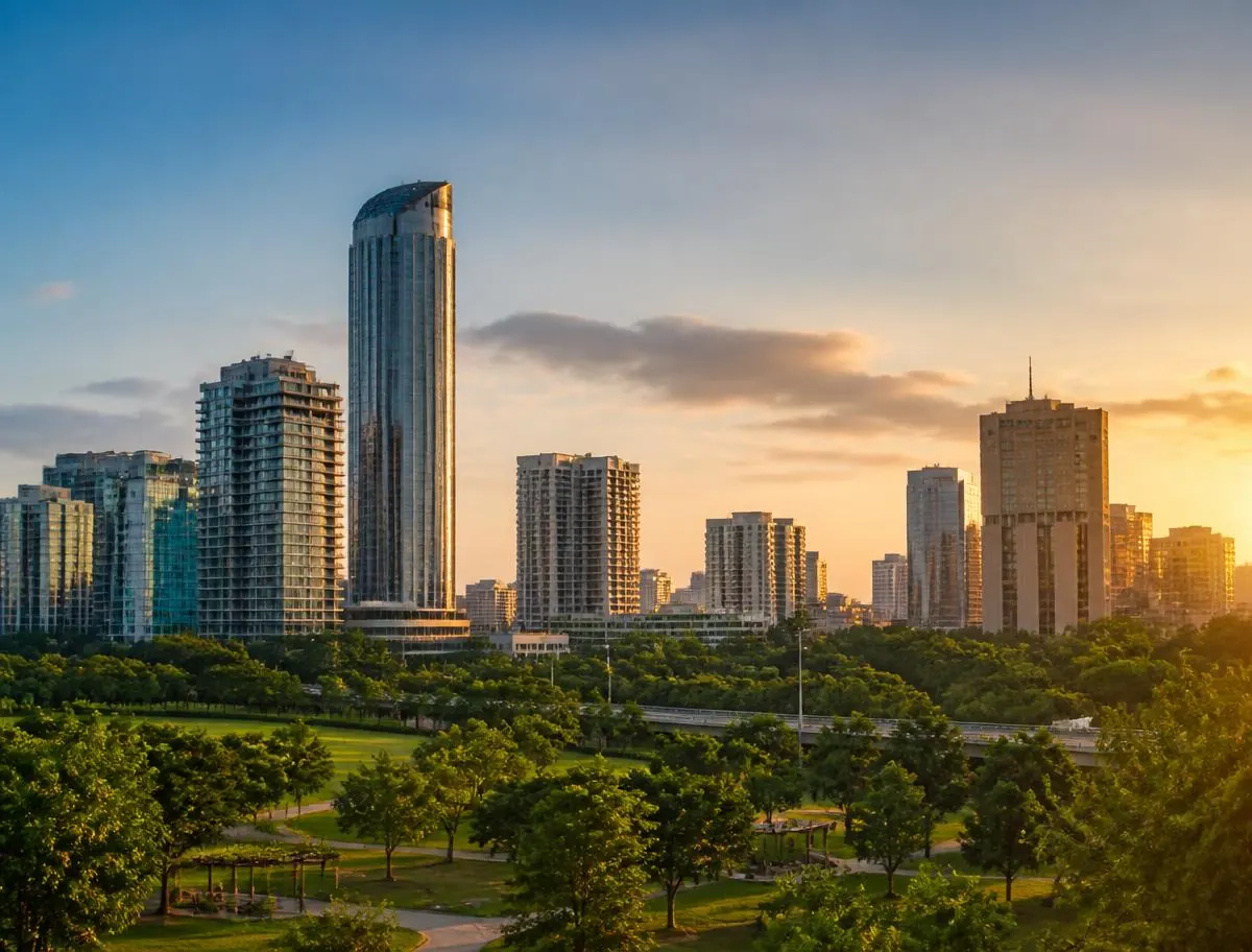 Indian city skyline with green parkland at golden hour